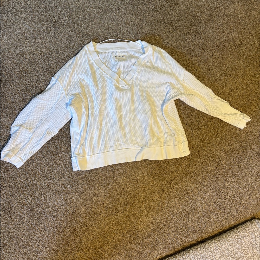 Free People White V-Neck Long Sleeve Top
